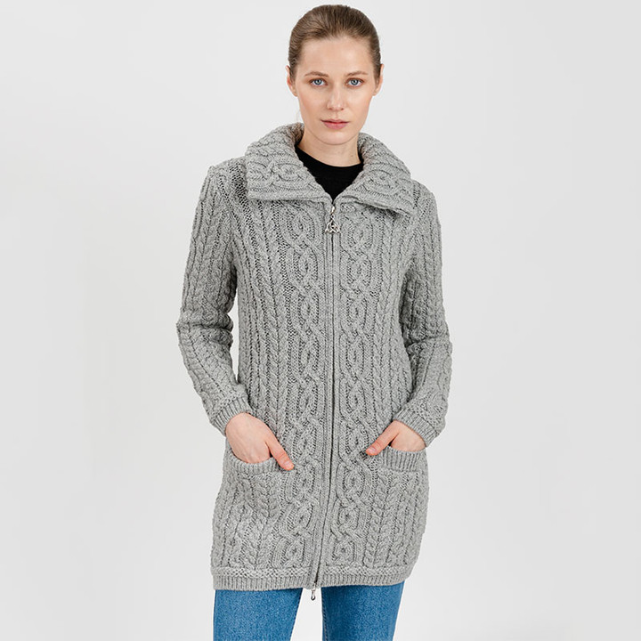 ML114 103 GREY Colour Roll Neck Aran Coat with Zip Front Pockets ShopAran.com