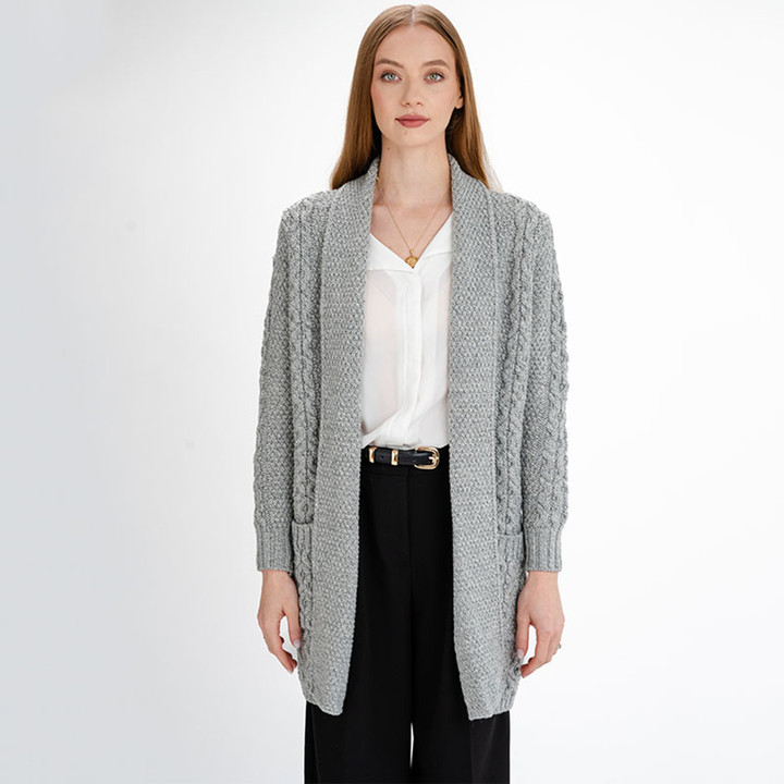 ML130 103 GREY Colour Open Front Aran Cardigan Merino Wool ShopAran.com