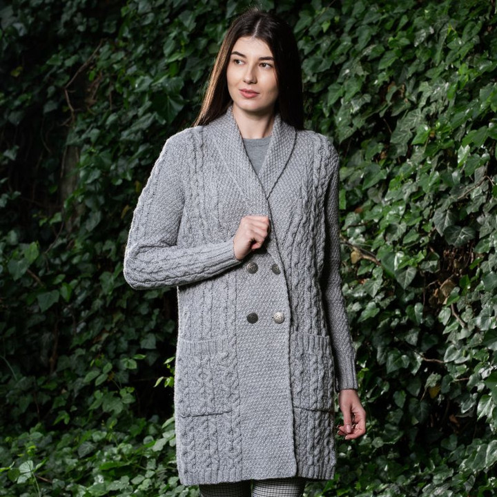 ML131 103 GREY Colour Ladies Irish Aran Coat with Shawl Collar Lifestyle ShopAran.com