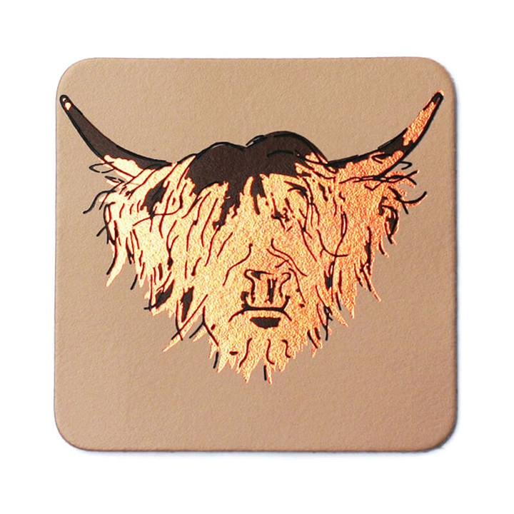 Shop Now CB-NUC-03 Leather Embossed Highland Cow Coaster - Nude on Scottishwebstore.com