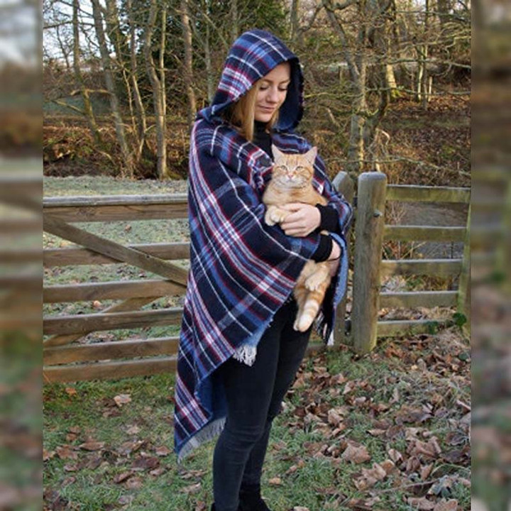 Shop Two-Sided Tartan Poncho with Hood in Blue Online On Scottishwebstore.com