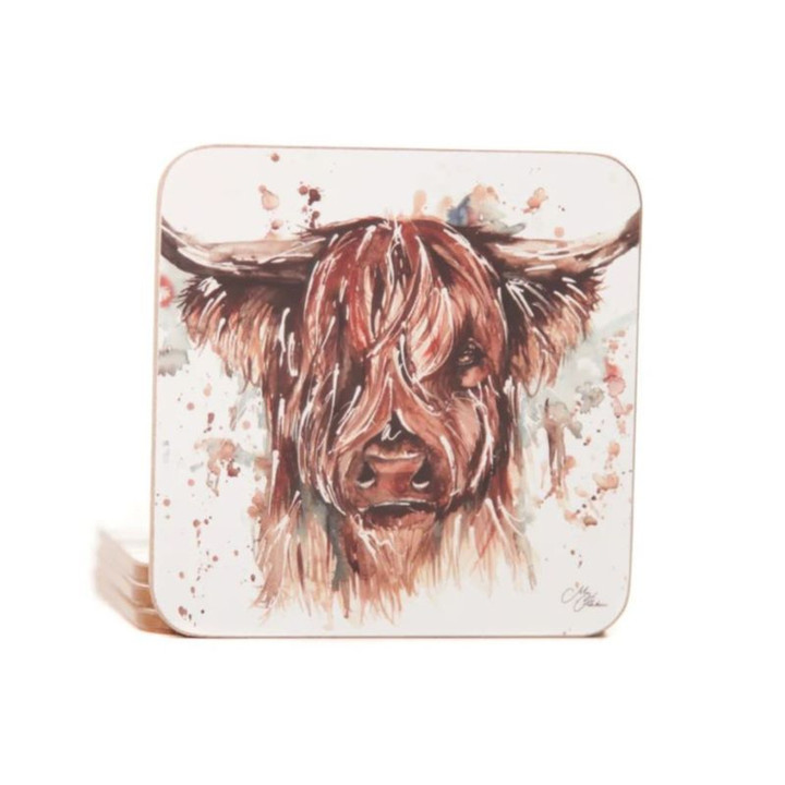 Shop Now MH-CS05 Watercolor Print Highland Cow Coasters – Set of 4 On Scottishwebstore.com
