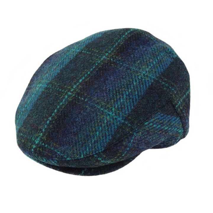 GA-GH0795-COL119 Harris Tweed Flat Cap – Blue & Turquoise Tartan Scottishwebstore.com