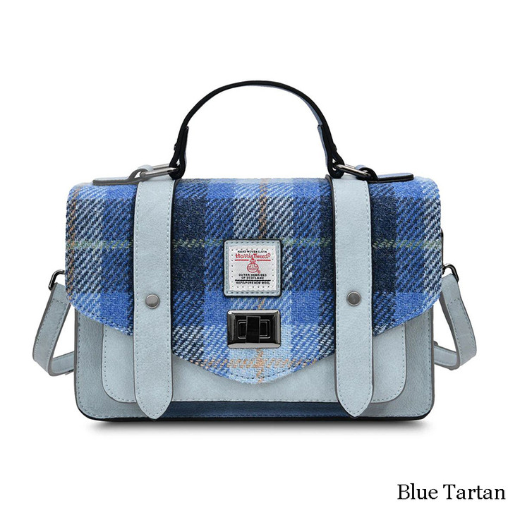 Handwoven Harris Tweed Medium Satchel  Blue Tartan Scottishwebstore.com