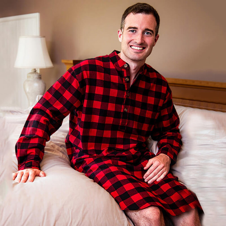 LV-FNS-Lv9 Men's Cotton Flannel Tartan Nightshirt in Red & Black Scottishwebstore.com