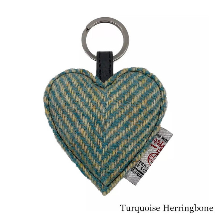 MCS-CB1802-1904B2-TURQUOISE HERRINGBONE Colour Scottish Heart Harris Tweed Keyring Scottishwebstore.com