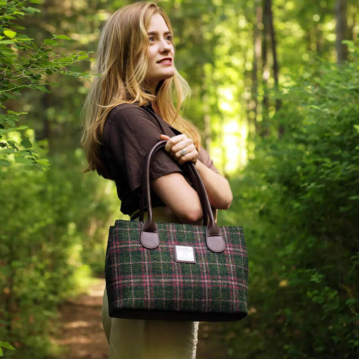 Classic Harris Tweed Handbag in Green Pink Colored Plaid Made in Scotland Scottish Webstore Lifestyle
