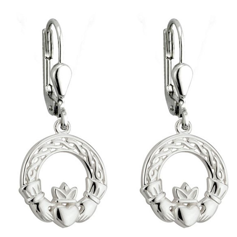 Sterling Silver Celtic Claddagh Drop Earrings ExclusivelyIrish.com