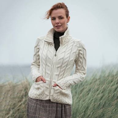 Cable Knit Cardigan Mock Zip Sweater Irish Shaped Zipper Wool - Main Image