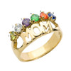 Yellow Gold "MOM" Ring with Six CZ Birthstones