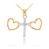 14K Two Tone Gold Heart Cross Diamond Charm Necklace