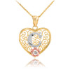 Two Tone Yellow Gold Filigree Heart "C" Initial CZ Pendant Necklace