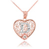 Two Tone Rose Gold Filigree Heart "D" Initial CZ Pendant Necklace