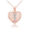 Two Tone Rose Gold Filigree Heart "I" Initial CZ Pendant Necklace