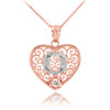 Two Tone Rose Gold Filigree Heart "O" Initial CZ Pendant Necklace