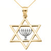 Yellow Gold Star of David with Menorah Pendant Necklace