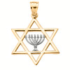 Yellow Gold Star of David with Menorah Pendant Necklace