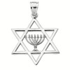 White Gold Star of David with Menorah Pendant Necklace