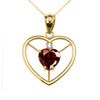 Elegant Yellow Gold Garnet and Diamond Solitaire Heart Pendant Necklace