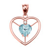 Elegant Rose Gold Diamond and March Birthstone Light Blue Aqua Heart Solitaire Pendant Necklace