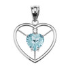 Elegant White Gold Diamond and March Birthstone Light Blue Aqua Heart Solitaire Pendant Necklace