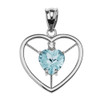 Elegant Sterling Silver Diamond and March Birthstone Aqua CZ  Heart Solitaire Pendant Necklace