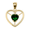 Elegant Yellow Gold Diamond and May Birthstone Green CZ Heart Solitaire Pendant Necklace