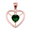 Elegant Rose Gold Diamond and May Birthstone Green CZ Heart Solitaire Pendant Necklace