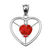 Elegant White Gold Diamond and July Birthstone Red CZ Heart Solitaire Pendant Necklace
