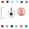 Elegant Sterling Silver Diamond and July Birthstone Red CZ Heart Solitaire Pendant Necklace