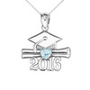 White Gold Heart March Birthstone Aqua Cz Class of 2016 Graduation Pendant Necklace