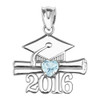 White Gold Heart March Birthstone Aqua Cz Class of 2016 Graduation Pendant Necklace