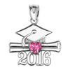 Sterling Silver Heart October Birthstone Pink Cz Class of 2016 Graduation Pendant Necklace