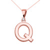 Rose Gold High Polish Milgrain Solitaire Diamond "Q" Initial Pendant Necklace