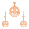 14K Rose Gold Heart Eyes Smiley Face Pendant Necklace Earring Set