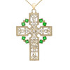 Yellow Gold Fancy Celtic Gemstone and Diamond Cross Pendant Necklace