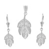 14K Solid White Gold Matte Detailed Textured Leaf Pendant Earring Set