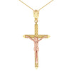 Two Tone Solid Rose and Yellow Gold Passion Cross Crucifix Pendant Necklace 1.40" (35 mm)