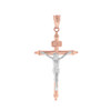 Two Tone Solid Rose Gold INRI Christ Passion Cross Crucifix Pendant Necklace 1.4"  (36 mm)