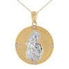 Two Tone Solid Yellow Gold Saint Joseph Diamond Medallion Pendant Necklace  1.15" ( 29 mm)