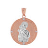 Two Tone Solid Rose Gold Saint Joseph Diamond Medallion Pendant Necklace  1.15" ( 29 mm)
