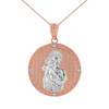 Two Tone Solid Rose Gold Saint Joseph Diamond Medallion Pendant Necklace  1.04" ( 26 mm)