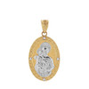 Two Tone Solid Yellow Gold Saint Joseph Diamond Oval Medallion Pendant Necklace 1.02"  (25  mm)