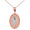 Two Tone Solid Rose Gold Archangel Saint Gabriel Diamond Oval Medallion Pendant Necklace  1.02" (25 mm)