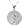 Solid White Gold Greek Orthodox Saint Nectarios of Aegina Engravable Diamond Medallion Pendant Necklace  1.16 " (29 mm)