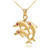 Gold Red CZ Jumping Triple Dolphin Pendant Necklace