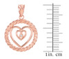 Rose Gold Roped Circle Double Heart with Diamond Pendant Necklace