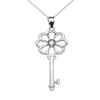 Sterling Silver Solitaire Cubic Zirconia Flower Key Pendant Necklace