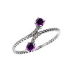 White Gold Dainty Two Stone Amethyst and Diamond Rope Design Promise Ring