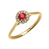 Yellow Gold Dainty Halo Diamond and Ruby Solitaire Rope Design Promise Ring